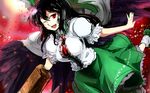  arm_cannon black_hair black_wings bow breasts cape hair_bow large_breasts long_hair one_eye_closed open_mouth puffy_short_sleeves puffy_sleeves red_eyes reiuji_utsuho shirt short_sleeves sinzan skirt smile solo third_eye touhou very_long_hair weapon wings 