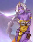  absurdres bi_ge_xing breasts covering covering_breasts full_moon highres hooves horn jewelry league_of_legends long_hair looking_at_viewer medium_breasts moon multi-tied_hair parted_lips pointy_ears ponytail purple_skin solo soraka torn_clothes very_long_hair white_hair yellow_eyes 