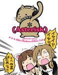  animal_ears blush brown_hair cat cat_ears closed_eyes clothes_writing fang headphones headphones_around_neck idolmaster idolmaster_cinderella_girls inui_sekihiko maekawa_miku multiple_girls open_mouth paw_pose short_hair sweat tada_riina translated 