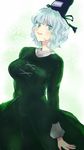  bad_id bad_pixiv_id breasts dress eyelashes green_dress green_eyes hat highres honi large_breasts light_particles long_sleeves looking_to_the_side short_hair silver_hair smile soga_no_tojiko solo tate_eboshi touhou 
