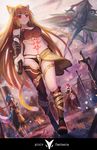  aircraft airship animal_ears blonde_hair cat_ears from_below glowing glowing_eyes kemonomimi_mode long_hair midriff multiple_girls o-ring pixiv_fantasia pixiv_fantasia_t red_eyes serious short_hair very_long_hair walking xiaoyin_li 