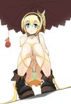  aqua_eyes bare_shoulders black_choker blonde_hair boots bow choker edna_(tales) frown green_panties hair_bow hairband highres holding leg_ribbon looking_at_viewer looking_down momio normin_(tales) panties ribbon short_hair side_ponytail skirt solo squatting strap_slip tales_of_(series) tales_of_zestiria umbrella underwear upskirt 