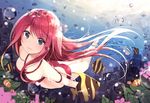  bikini blue_eyes breasts bubble cleavage clownfish fish freediving jewelry long_hair medium_breasts necklace netarou original red_hair smile solo swimsuit underwater 