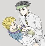  adjusting_clothes black_hair blonde_hair blue_eyes choker dressing_another earrings green_eyes headband hirose_kouichi jewelry jojo_no_kimyou_na_bouken kishibe_rohan male_focus multiple_boys nashio short_hair smile 