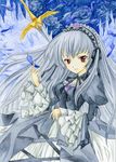  1girl absurdres acrylic_paint_(medium) hairband highres long_hair red_eyes rose roses rozen_maiden silver_hair solo suigintou sword traditional_media weapon wings 
