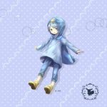  blue_eyes blue_hair boots eevee eyebrows_visible_through_hair gen_1_pokemon gen_4_pokemon highres hood hooded_jacket jacket mio_(mio84214) number personification piplup pokemon pokemon_number solo yellow_footwear 
