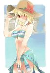  animal_ears arm_up bandeau bare_shoulders beach bikini blonde_hair breasts cleavage contrapposto final_fantasy final_fantasy_xiv flower hat highres kochiya_(gothope) long_hair medium_breasts miqo'te red_eyes sarong solo standing sun_hat swimsuit tail 