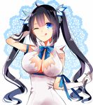  arm_ribbon bad_id bad_pixiv_id black_hair blue_eyes blue_ribbon breasts cleavage dress dungeon_ni_deai_wo_motomeru_no_wa_machigatteiru_darou_ka gloves hair_ornament hair_ribbon hestia_(danmachi) large_breasts long_hair moto_(45) one_eye_closed rei_no_himo ribbon smile solo tongue twintails 