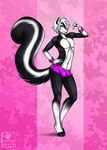  2015 anthro bezel black_fur blue_eyes bracers clothing eliana-asato fur girly hair male male/male mammal shorts simple_background skunk smile solo standing white_hair 