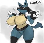  big_breasts blue_fur blush bone breasts canine carmessi drbigt female fur half-closed_eyes lucario mammal movement nintendo nude plain_background pok&eacute;mon pussy red_eyes solo spikes standing video_games 