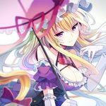  bare_shoulders blonde_hair bow breasts cleavage dress elbow_gloves fruit_punch gloves hair_bow hat large_breasts long_hair looking_at_viewer parasol purple_eyes ribbon smile solo touhou umbrella white_gloves yakumo_yukari 