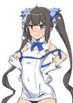  alternate_breast_size black_hair blue_eyes blue_ribbon blush breasts covered_navel dungeon_ni_deai_wo_motomeru_no_wa_machigatteiru_darou_ka gloves hair_ribbon hands_on_hips hestia_(danmachi) long_hair looking_at_viewer odibil rei_no_himo ribbon sigh simple_background small_breasts smile solo sweat trembling twintails very_long_hair wavy_mouth white_background white_gloves 