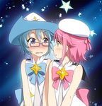  aoi_(houkago_no_pleiades) blue_eyes blue_hair blush bow brown_eyes embarrassed glasses hat houkago_no_pleiades looking_at_another magical_girl multiple_girls open_mouth pink_bow pink_hair ribbon sailor_hat short_hair star star_(sky) starry_background subaru_(houkago_no_pleiades) umekichi 