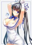  armpits arms_up black_hair blue_eyes blue_ribbon breast_lift breasts cleavage cleavage_cutout dress dungeon_ni_deai_wo_motomeru_no_wa_machigatteiru_darou_ka gloves hair_ornament hestia_(danmachi) highres large_breasts long_hair md5_mismatch rei_no_himo ribbon short_dress sleeveless sleeveless_dress smile solo twintails very_long_hair white_dress white_gloves xiaoyin_li 