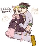  animal_ears black_hair blonde_hair blue_eyes cat_ears cat_paws cat_tail earrings gakuran green_eyes headband height_difference hirose_kouichi jewelry jojo_no_kimyou_na_bouken kishibe_rohan male_focus multiple_boys nashio oekaki paws school_uniform short_hair sitting sitting_on_lap sitting_on_person tail 