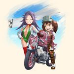  abazu-red bodysuit brown_eyes brown_hair chibi closed_eyes detached_sleeves gloves green_leotard ground_vehicle headwear_removed helmet helmet_removed highres jun'you_(kantai_collection) kantai_collection leotard long_hair motor_vehicle motorcycle multiple_girls purple_hair race_queen ryuujou_(kantai_collection) smile thighhighs twintails visor_cap 