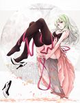 breasts cleavage dress green_hair high_heels highres long_hair medium_breasts mille_(dieci) mole mole_under_eye original red_eyes ribbon shoe_dangle shoes single_shoe solo thighhighs 