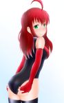  1girl ass blush covering green_eyes leotard looking_back red_hair s.bomb 