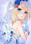  alternate_costume bare_shoulders blonde_hair blue_eyes blue_flower blue_gloves blue_rose choker crying crying_with_eyes_open feathered_wings flower frills gloves hair_flower hair_ornament kagamine_rin looking_at_viewer rose short_hair solo tears vocaloid wings yayoi_(egoistic_realism) 