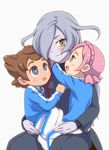  2boys blue_eyes blush braid brown_hair despina_rakusu earth_eleven hair_over_one_eye inazuma_eleven_(series) inazuma_eleven_go inazuma_eleven_go_galaxy jacket maron_(quintet_colors) matsukaze_tenma multiple_boys nozaki_sakura open_mouth pants pink_hair simple_background sitting sitting_on_lap sitting_on_person track_jacket track_pants track_suit white_background younger 