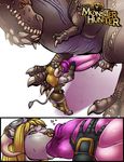  &lt;3 anthro balls blonde_hair bovine capcom deviljho dulcine erection eyewear female feral goggles hair horn male mammal monster monster_hunter oral penis shia size_difference video_games yellow_eyes 