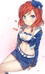  breasts cleavage commentary_request cropped_jacket directional_arrow hat highres large_breasts love_live! love_live!_school_idol_project midriff miniskirt navel nishikino_maki pencil_skirt police police_uniform red_hair short_hair skirt solo uniform wavy_mouth yuran 