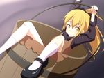  blonde_hair bow brown_dress bucket cato_(monocatienus) dress hair_bow in_bucket in_container kurodani_yamame long_sleeves looking_at_viewer mary_janes ponytail shirt shoes sitting solo touhou wooden_bucket yellow_eyes 
