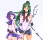  age_difference ass ass_visible_through_thighs bare_shoulders bishoujo_senshi_sailor_moon bow choker covered_navel earrings elbow_gloves gloves gluteal_fold green_hair hair_bun height_difference highres jewelry long_hair meiou_setsuna multiple_girls navel pleated_skirt purple_eyes purple_hair red_eyes sailor_collar sailor_pluto sailor_saturn scythe simple_background skirt sonota_taisei staff standing tomoe_hotaru white_background wind 
