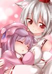  blue_ribbon closed_eyes closed_mouth crescent crescent_hair_ornament hair_between_eyes hair_ornament hat hat_ribbon highres inubashiri_momiji izumi_yuuji_(trace_kouhosei) long_hair long_sleeves multiple_girls patchouli_knowledge purple_hair ribbon short_hair sleeping smile touhou white_hair 