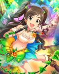  armband bandeau boots bracelet breasts brown_hair cleavage fern flower fur_trim green_eyes hair_ornament idolmaster idolmaster_cinderella_girls jewelry large_breasts leaf log long_hair midriff nature nonomura_sora open_mouth plant see-through skirt smile solo sparkle tree twintails vines 