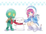  1girl :3 amumu annie_hastur blue_eyes boots hamamo hood hooded_jacket jacket league_of_legends mummy open_mouth pink_hair scarf snow snowflakes snowing snowman squatting teemo tibbers trowel yellow_eyes 