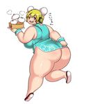  1girl ass blonde_hair blush breasts brown_eyes china_dress chinese_clothes dress fat headphones huge_ass huge_breasts kjmvideo looking_at_viewer looking_back necklace nitroplus open_mouth short_hair smile solo star super_pochaco swimsuit thick_thighs wide_hips 