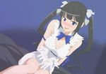  black_hair blue_eyes blue_ribbon blush breasts cleavage cum cum_in_mouth cum_on_body cum_on_breasts cum_on_tongue cum_on_upper_body dance_in_lip dungeon_ni_deai_wo_motomeru_no_wa_machigatteiru_darou_ka gloves hair_ribbon hestia_(danmachi) highres large_breasts long_hair looking_at_viewer rei_no_himo ribbon solo tongue tongue_out twintails white_gloves 