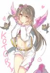  bird bow brown_eyes brown_hair character_name hair_bow heart jacket long_hair love_live! love_live!_school_idol_project love_marginal midriff minami_kotori mismatched_legwear one_side_up open_clothes open_jacket smile solo wings yuran 
