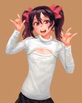  :d \m/ black_hair blush bow cleavage_cutout double_\m/ doyora flat_chest hair_bow looking_at_viewer love_live! love_live!_school_idol_project meme_attire nico_nico_nii open-chest_sweater open_mouth red_eyes ribbed_sweater short_hair skirt smile solo sweater turtleneck twintails yazawa_nico 