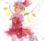  arm_behind_back ascot bad_id bad_pixiv_id blonde_hair blurry blush bow breasts commentary_request depth_of_field flandre_scarlet frilled_skirt frills gennnwa hand_on_own_chin hat hat_bow highres laevatein looking_to_the_side mob_cap petals red_eyes red_skirt short_sleeves side_ponytail simple_background skirt small_breasts smile solo standing touhou vest white_background wings 