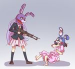  animal_head black_hair bonnie_(fnaf) crossover dress five_nights_at_freddy's five_nights_at_freddy's_2 gun guuchama inaba_tewi long_hair multiple_girls necktie pink_dress purple_hair red_neckwear reisen_udongein_inaba rifle scared skirt suit_jacket touhou toy_bonnie weapon 