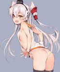  amatsukaze_(kantai_collection) apron ass bad_id bad_twitter_id black_legwear bottomless breasts cosplay gloves hat i-401_(kantai_collection) i-401_(kantai_collection)_(cosplay) kantai_collection kawata_hisashi long_hair looking_at_viewer no_bra open_mouth school_uniform serafuku sideboob silver_hair simple_background single_glove small_breasts solo teeth thighhighs two_side_up yellow_eyes 