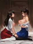  akagi_(kantai_collection) black_hair blush breasts breasts_outside brown_eyes commentary doyora hakama_skirt hands_on_another's_thighs huge_breasts japanese_clothes kaga_(kantai_collection) kantai_collection large_breasts long_hair looking_at_another multiple_girls nipples open_clothes open_shirt perky_breasts shirt short_hair side_ponytail sitting skirt smile thighhighs undressing wariza yuri 