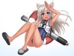  animal_ears arm_up armpits bad_id bad_pixiv_id bare_shoulders cat_ears crop_top flower hair_flower hair_ornament kantai_collection lifebuoy long_hair looking_at_viewer neckerchief ro-500_(kantai_collection) sailor_collar salute school_swimsuit silent_sakia silver_hair simple_background slippers solo swimsuit swimsuit_under_clothes tan tanline torpedo white_background 