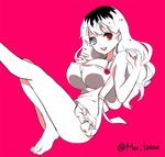  :d apron bare_legs barefoot black_hair breasts cleavage genderswap genderswap_(mtf) grey_eyes heterochromia large_breasts leg_up long_hair moi_(latte_art) multicolored_hair naked_apron open_mouth pink_background red_eyes sasaki_haise simple_background smile solo tokyo_ghoul tokyo_ghoul:re twitter_username white_hair 