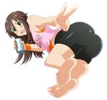  ass bare_shoulders barefoot bike_shorts blush breasts brown_hair fangs feet from_behind green_eyes hair_ornament hairclip highres himekawa_yuki idolmaster idolmaster_cinderella_girls kuroi_ohagi long_hair looking_at_viewer open_mouth shiny shiny_clothes shiny_skin smile soles solo toes wristband 