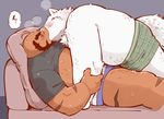  2015 anthro beard blue_background blush boxers briefs brown_fur canine chubby clothed clothing duo eyes_closed facial_hair fur half-dressed japanese_text kissing lying male male/male mammal mole nipples overweight plain_background saliva scar shirt shirt_up sofa stripes sweat text topless underwear white_fur wolf ガロウ好き 