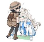  2girls :3 animal_ears backpack bag big_hair black_gloves black_hair black_legwear blue_bow blue_eyes blue_necktie blue_skirt blush boots bow brown_eyes brown_footwear captain_(kemono_friends) collared_shirt commentary_request elbow_gloves eyebrows_visible_through_hair fang footwear_bow gloves hand_on_another&#039;s_head helmet highres japari_symbol kemono_friends kemono_friends_3 khakis lion_ears lion_girl lion_tail long_hair multiple_girls necktie one_eye_closed open_mouth pantyhose pith_helmet plaid plaid_necktie plaid_skirt plaid_trim pleated_skirt shirt short_hair short_sleeves skirt spawnfoxy squatting tail thighhighs uniform white_footwear white_gloves white_hair white_legwear white_lion_(kemono_friends) white_shirt zettai_ryouiki 