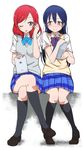  3: bangs black_legwear blue_hair blush bow bowtie d; earphones full_body kidachi kneehighs long_sleeves love_live! love_live!_school_idol_project multiple_girls nishikino_maki notebook one_eye_closed open_mouth otonokizaka_school_uniform pencil plaid plaid_skirt pleated_skirt purple_eyes red_hair school_uniform shared_earphones shirt shoes sitting skirt sonoda_umi sweater_vest tablet_pc white_shirt yellow_eyes yuri 