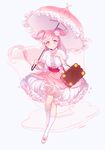  bad_id bad_twitter_id bag bow cherry_blossom_cookie cherry_blossoms cookie_run flower gloves hair_flower hair_ornament handbag highres long_hair looking_at_viewer mery_(apfl0515) parasol personification petals pink_eyes pink_hair pink_skirt pink_umbrella puffy_sleeves skirt smile solo two_side_up umbrella v white_legwear 