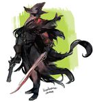  black_footwear black_gloves bloodborne boots cape copyright_name dual_wielding eileen_the_crow feathers full_body gloves gun hat holding mask meniusa_lau plague_doctor solo standing sword weapon 