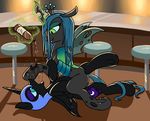  2015 alcohol beverage blue_eyes changeling cutie_mark duo equine fearingfun female female/female friendship_is_magic hair half-closed_eyes helmet hi_res hooves horn inside levitation long_hair lying magic mammal my_little_pony nightmare_moon_(mlp) on_back open_mouth pouring sex smile tribadism winged_unicorn wings 