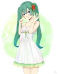  39 2015 aqua_hair bangs blue_eyes blurry blush dress flower hair_ornament hatsune_miku highres long_hair looking_at_viewer mizuiro_32 nail_polish ribbon signature sleeveless solo standing sundress twintails vocaloid 