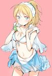  ayase_eli bikini blonde_hair blue_eyes blush breasts cleavage love_live! love_live!_school_idol_project medium_breasts natsuiro_egao_de_1_2_jump! navel pink_background ponytail simple_background solo swimsuit white_bikini yuran 